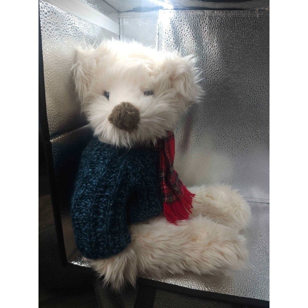 Russ Bundles Teddy Bear Plush White Blue‎ Knit Sweater Red Plaid Scarf Vintage